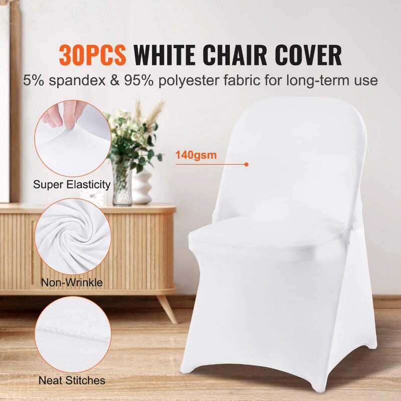 Stretch Spandex Chair Covers, Tampas de cadeira dobrável para festa de casamento, Banquete, Branco, 30 pcs