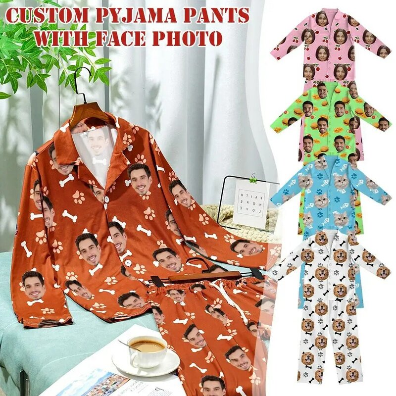 Pijama de manga comprida personalizado, calças Face Sleepwear, confortável, quente, outono, inverno, fofo, foto de personalização, A0G5