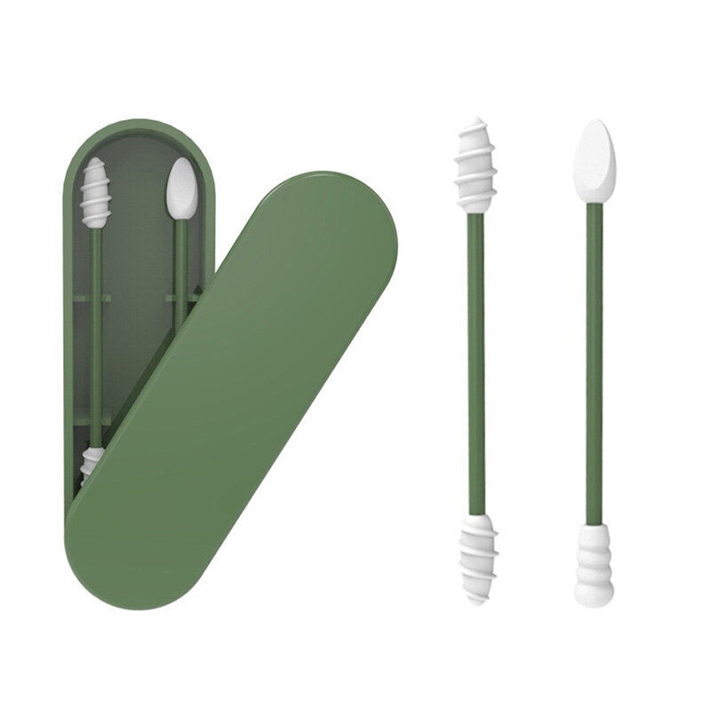 2 buah kapas silikon dapat digunakan kembali, alat kosmetik Eyeliner bibir tongkat pembersih telinga kepala ganda portabel dengan kotak