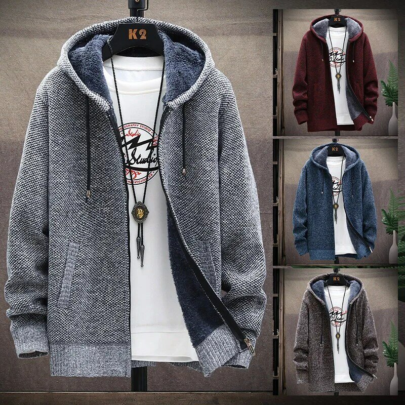 Men's Winter Knitted Sweater Print Korean Fashion Clothes Knitwears Clothing Cardigan Hood With Plush And Thickened Fleece