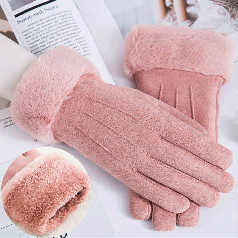 Winter Female Cashmere Warm Suede Leather Cycling Mittens Double Thick Velvet Plush Wrist Women Touch Screen Driving Gloves