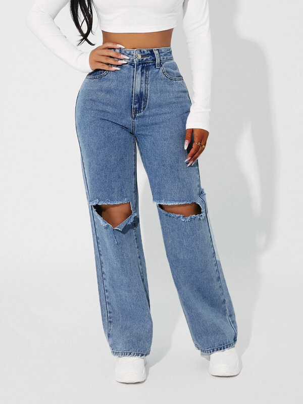 Denimcolab Celana Lurus Pinggang Tinggi Jeans Modis Berlubang Di Lutut Jeans Wanita Pacar Longgar Jeans Wanita Streetwear Celana Denim Potong