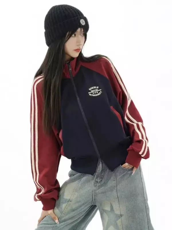 Patchwork Cropped Jacket Women Y2k Zip Up Retro Track Outwear Korean Streetwear Gorpcore Stand Collar Stripe Jackets Female New