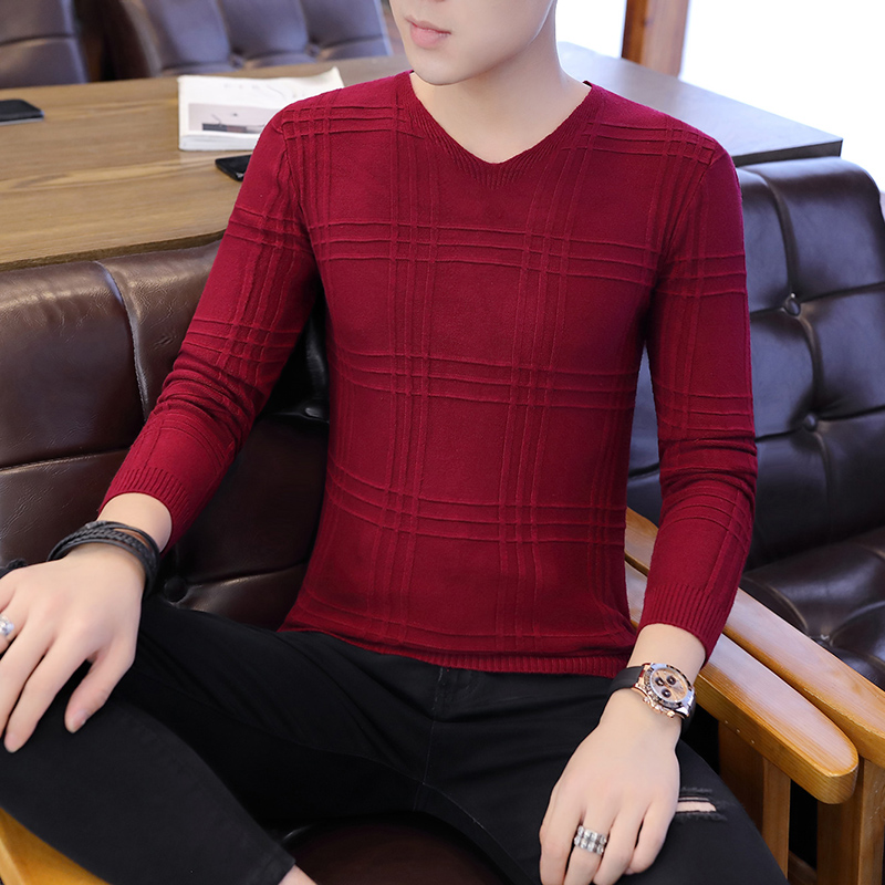 Sweter Kerah V-neck Pria Ramping Baru Pullover Pria Musim Gugur Berpola Solid Klasik Bersirkulasi