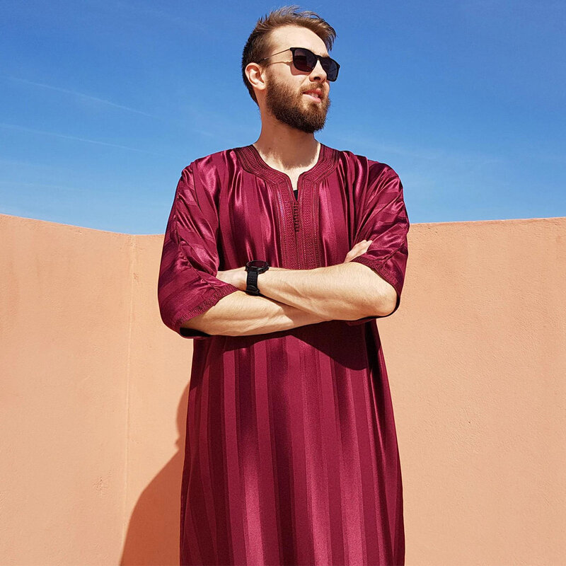 2024 baru pakaian Muslim Abaya Islami pria bordir bergaris Jubba Thobe Maroko Dubai Kaftan Lebaran doa gaun jubah