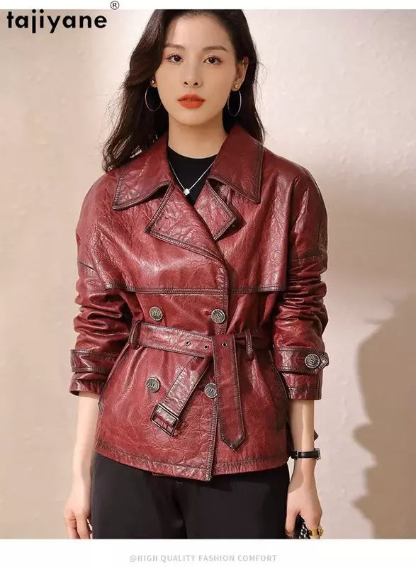 Fujiyane jaket kulit domba asli kualitas Super jaket kulit wanita 23 jaket kulit Double-breasted elegan mantel kulit asli 100%