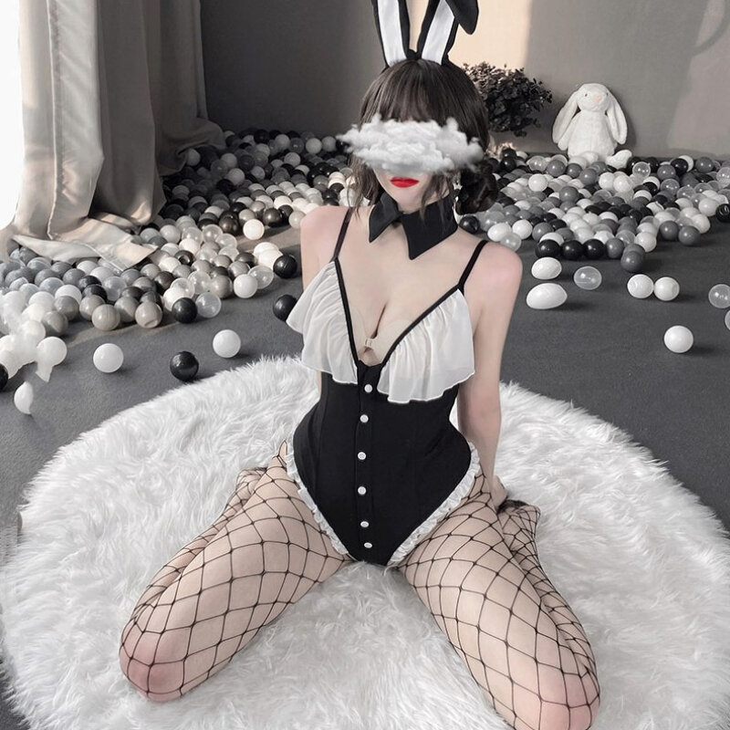Królik dziewczyna seksowna bielizna do przebierania pończoch body damskie piżamy koronkowy guzik ozdoba body Anime uszy królika nakrycia głowy