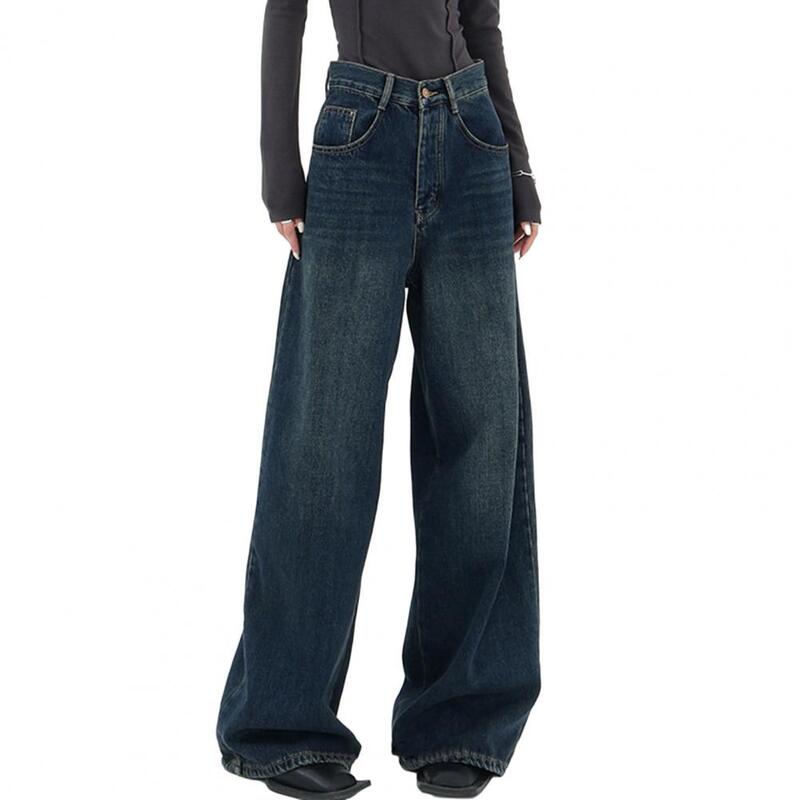 Button Zipper Closure Jeans Vintage High Waist Wide Leg Jeans for Women Retro Denim Trousers with Pockets Oversized for Autumn