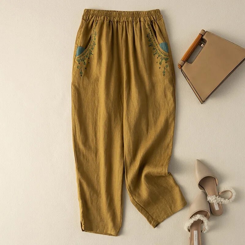 Retro Style Female Cotton Linen Radish Trousers New Ladies Straight Cylinder Harlan Pantalons Women Solid Color Nine Points Pant