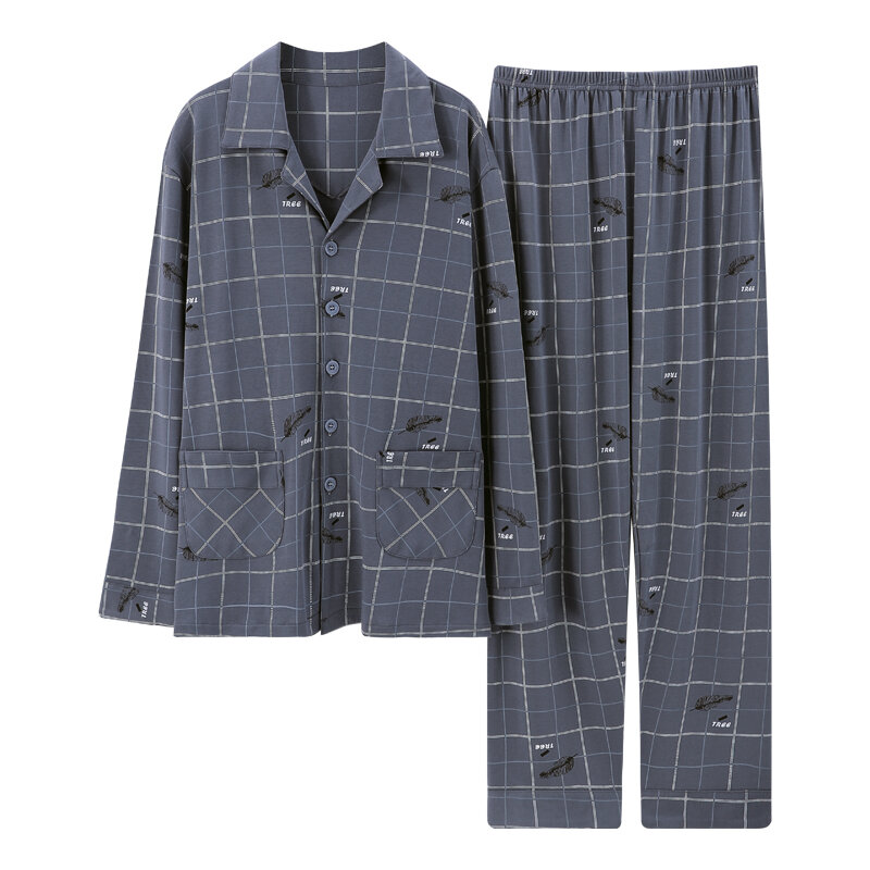Nowa wiosenna i jesienna męska piżama z czystej bawełny styl w kratę proste męskie piżamy spodnie z długim rękawem