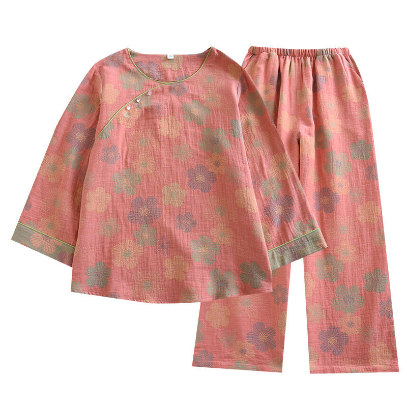 Wiosenny chiński styl bawełniana przędza barwiona żakardowa gaza perłowy guzik ubrania domowe spodnie z długimi rękawami piżamy dla kobiet 2-częściowe