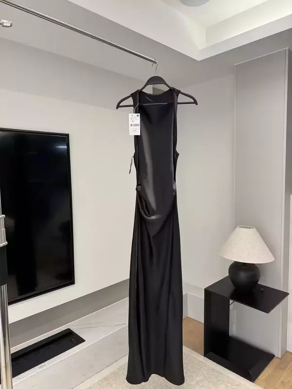 Vestido Midi plissado sem mangas para mulheres, retrô, slim fit, cetim textura, design exclusivo, elegante, preto