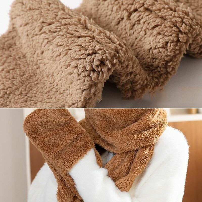 Hat Scarf Gloves One Piece Bear Ear Hat Scarf Soft Fleece Ear Protector Hat Scarf Gloves Set Double Layer Thickened
