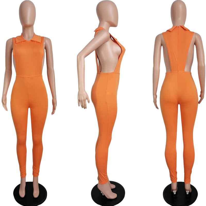 BKLD ubrania dla kobiet jednoczęściowe jednolity kolor bez rękawów z kołnierzykiem seksowne bez pleców, długa spodnie kombinezon strój na lato