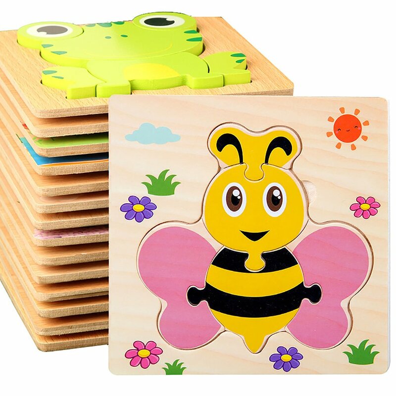 Wooden Puzzle Cartoon Animal Intelligence Puzzle Tangram Learning Jigsaw Wood Puzzle Educational Toys Puzzles for Kids Gifts