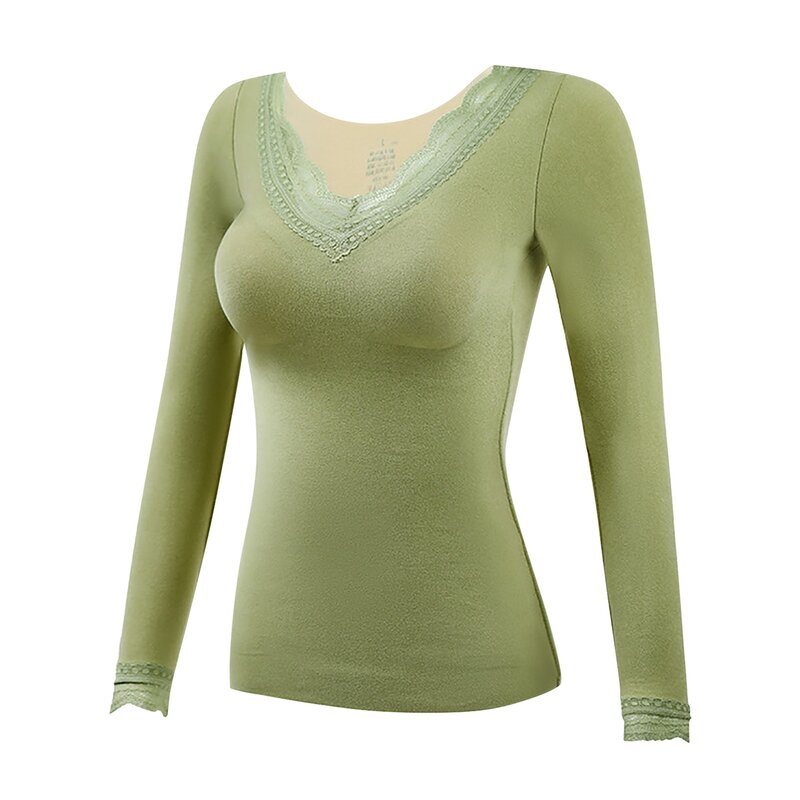 Women's Thermal Underwear With Padded Bra Lace V Neck  Thermo Warm Bottoming Top Warm Winter Clothes Women Thermo Clothing