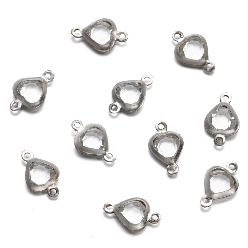 10 buah/lot 7.5mm Stainless Steel lubang ganda hati dengan Rhinestones gelang kalung liontin konektor untuk DIY membuat perhiasan