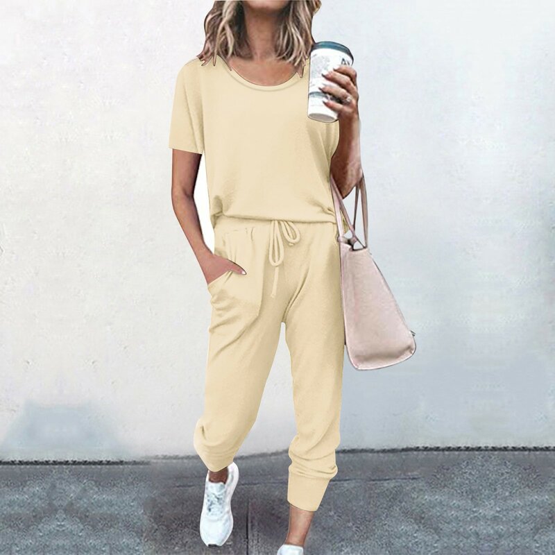 Luźna kieszonka jednolity kolor z krótkim rękawem topy i spodnie damskie spodnie dresowe dwuczęściowe stroje moda prostota kobiece zestawy