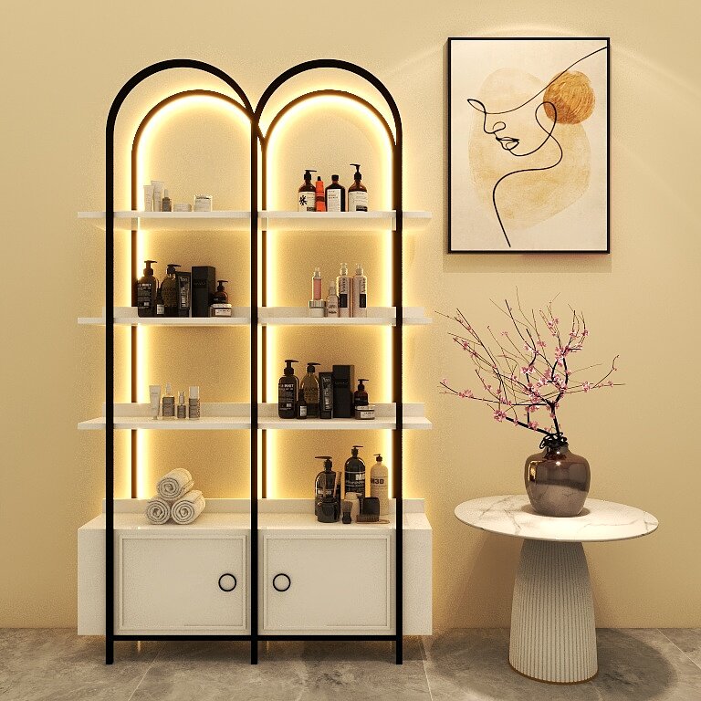 Luxury Beauty Salon Display Cabinet com Luz Prateleira de cosméticos Nail Shop Product Shelf Cuidados com a pele Maquiagem Floor