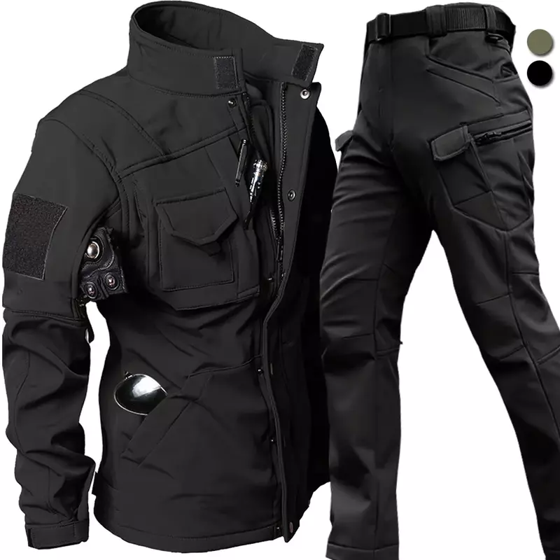 Ветрозащитный водонепроницаемый Байкерский костюм, мужской комплект из тактической куртки и брюк, зимняя форма из мягкой кожи акулы, Теплая Флисовая Куртка