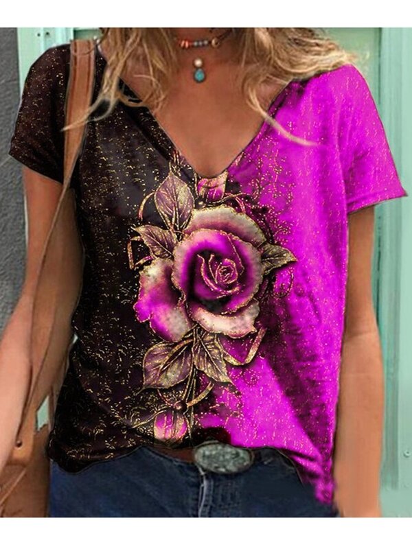 2023 odzież damska modna z dekoltem w szpic T-shirt z nadrukiem casualowym luźna krótka rękawem kwiatowym bluzki z roślinną scenerią Plus Size