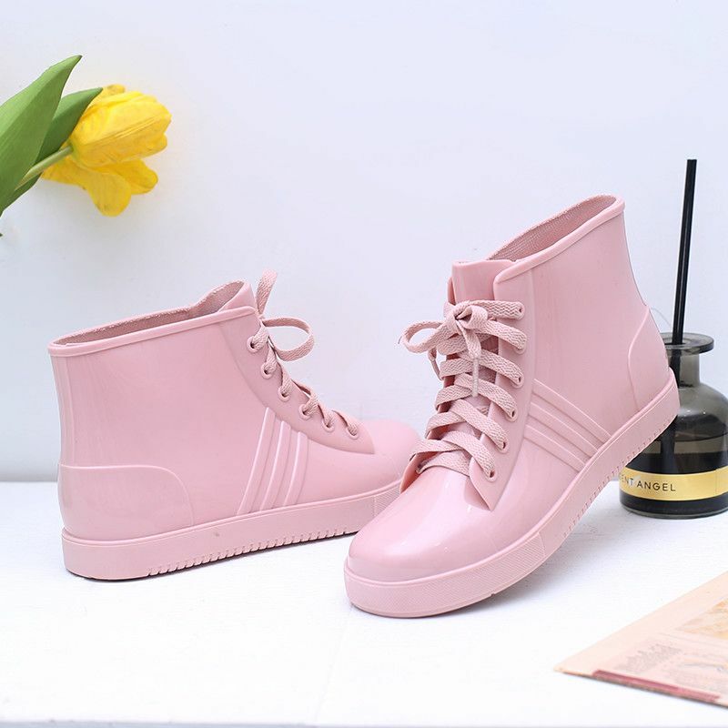 Fashion Lace Up Rainshoes Womens Light Blue Rain Boots Woman Oxfords Style Water Shoes Girls PVC Ankle Rainboots Green Galoshes