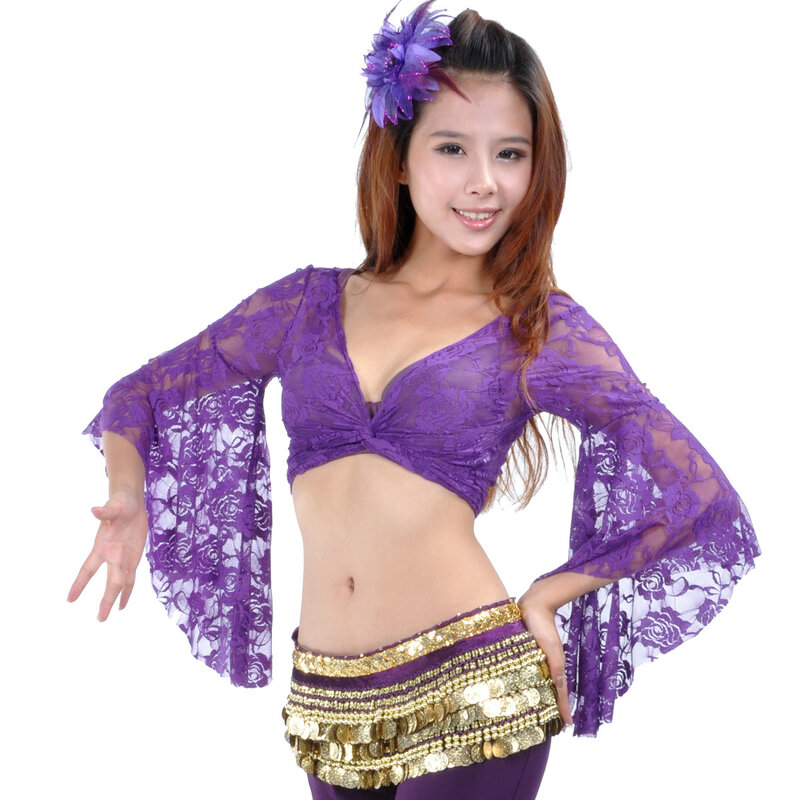 Costumes de danse du ventre en dentelle avec manches papillon, vêtements d'entraînement, maille délicate, accessoires de performance sur scène