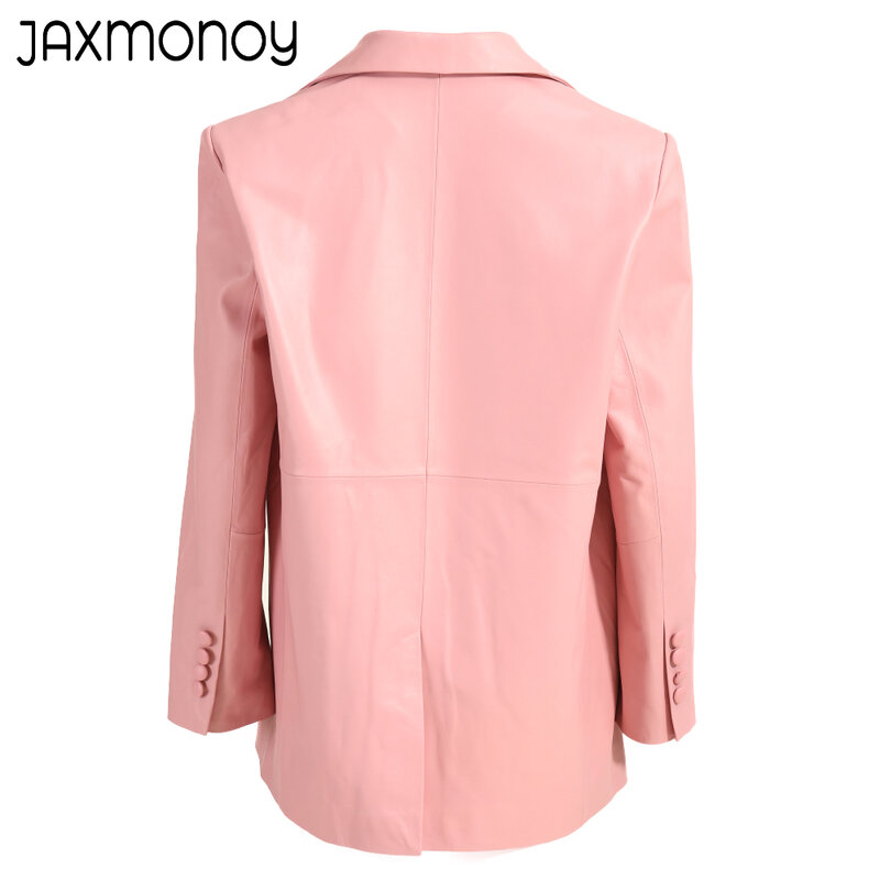 Jaxmonoy-Chaqueta de cuero auténtico para mujer, abrigo de traje de piel de oveja de un solo pecho, abrigo genuino para mujer, Primavera, 2023