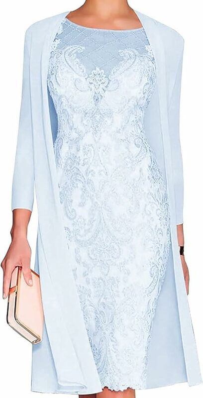 Mother of the Bride Dress Formal Wedding Jewel Neck Knee Length Chiffon Lace 3/4 Length Sleeve with Beading Appliques 2024