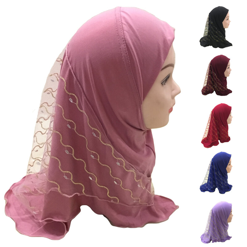 One Piece Amira Muslim Kids Girls Mesh Hijab Head Scarf Wrap Shawls Turban Islamic Prayer Pull On Ready Made Wear Hat 2-7years