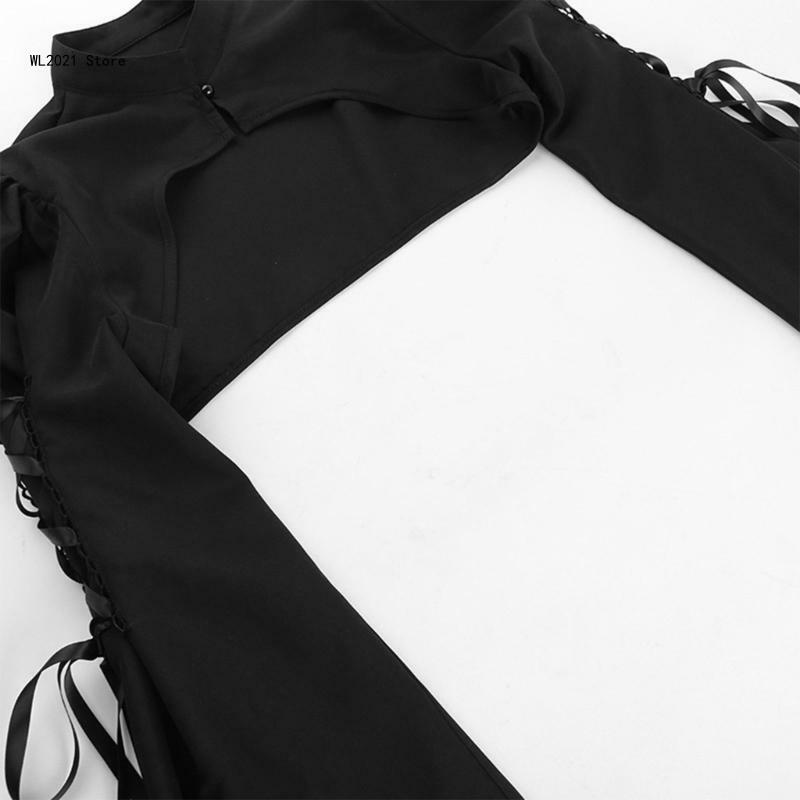 Steampunk gótico encolher ombros vintage estético com cadarço e manga comprida larga