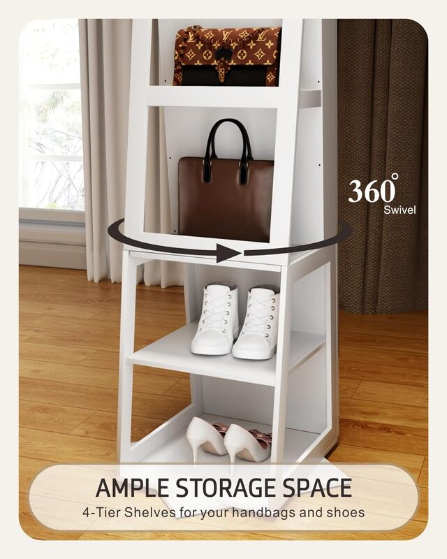 360° Swivel Jewelry Cabinet with Mirror Full-Length, Standing Mirror with Jewelry Storage Organizer, Jewelry Armoire with Mirror