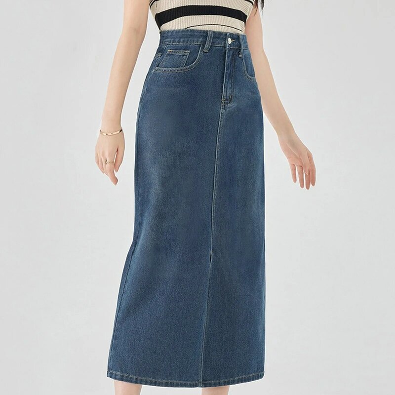 Women's Fashionable Casual Solid Color Washed Denim Sophisticated Multi-Pocket Fashion-Forward And Eye-Catching Midi Skirt