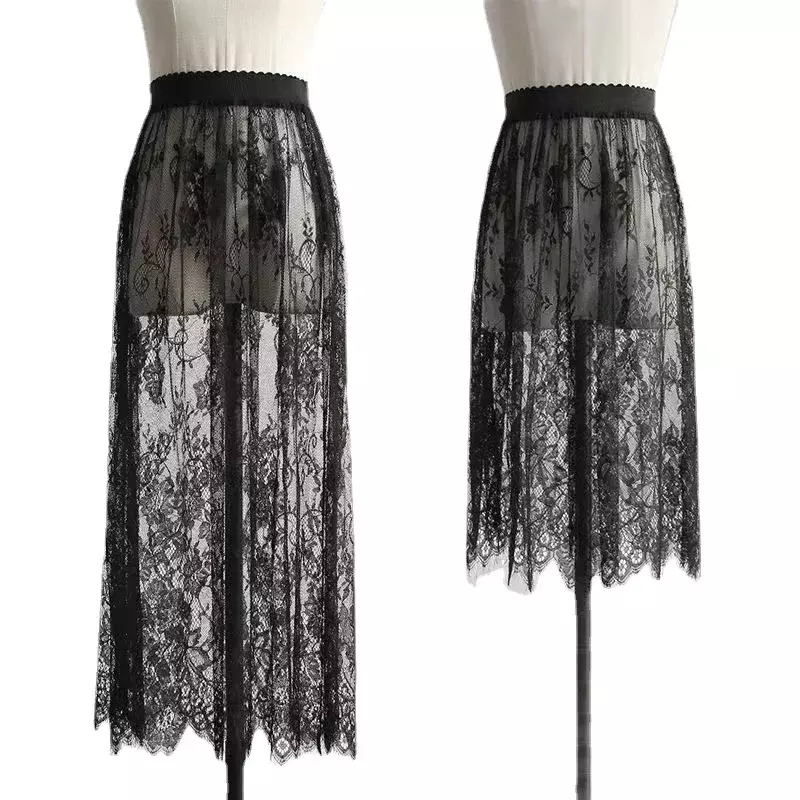 2 Länge eleganter schwarzer Rock weiße Spitze transparenter langer Tüllrock Damen elastische hohe Taille Strand Midi Rock Drop Versand