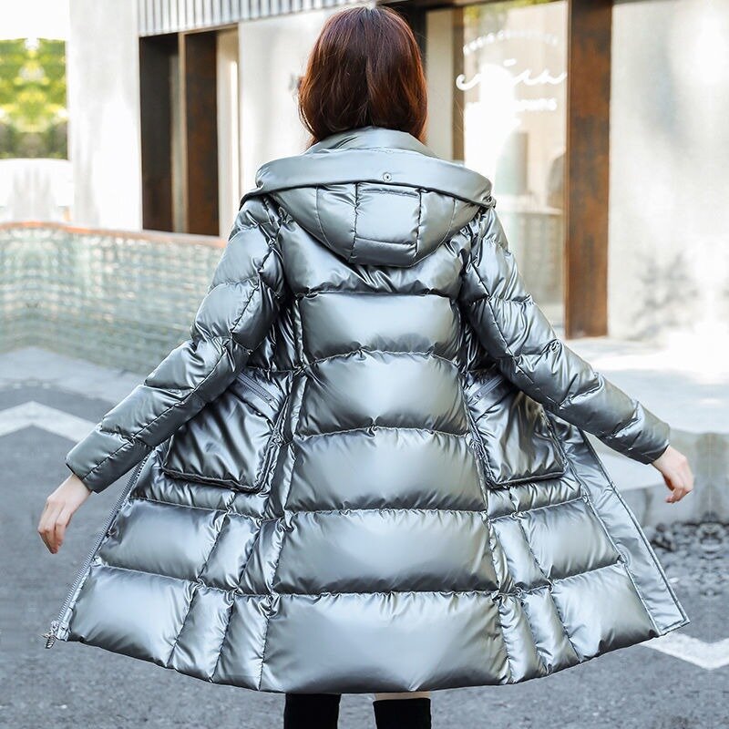 Jaket bulu angsa wanita, mantel musim dingin berkerudung kerah bulu besar Sequin setengah panjang 2023