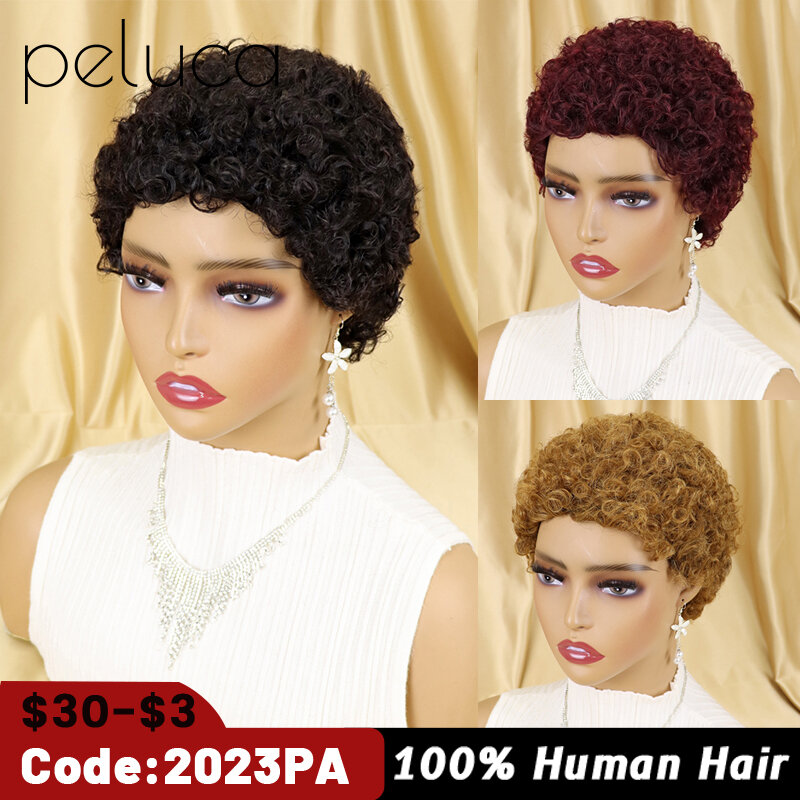 Peluca de cabello humano Afro rizado para mujeres negras, pelo corto Afro 100% con flequillo, brasileño