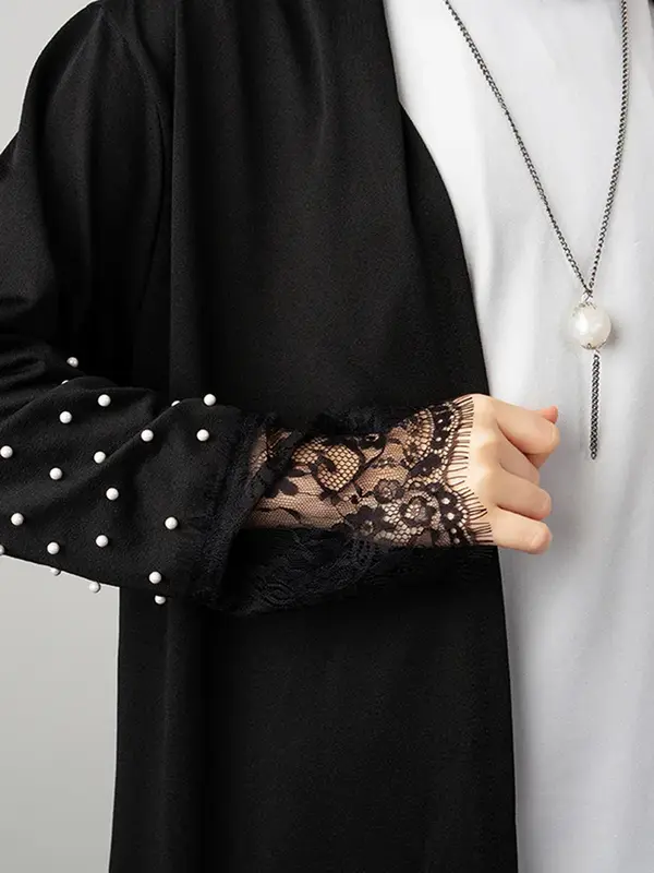 Gaun wanita Kimono Femme orang Muslim renda sifon dipaku manik-manik Abaya untuk wanita lengan panjang Cardigan jubah Muslim Dubai Terbuka Abaya