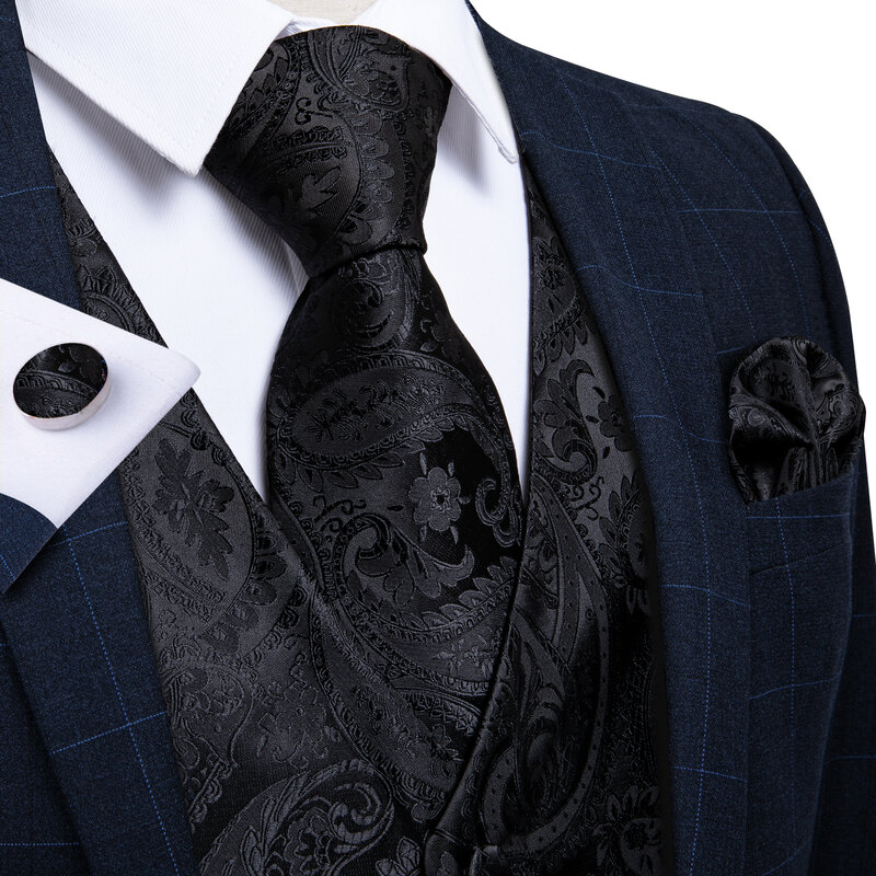 Conjunto de colete e gravata Paisley preto masculino, gravata borboleta, bolso, quadrado, vestido de abotoaduras, colete clássico para homem, 5 peças