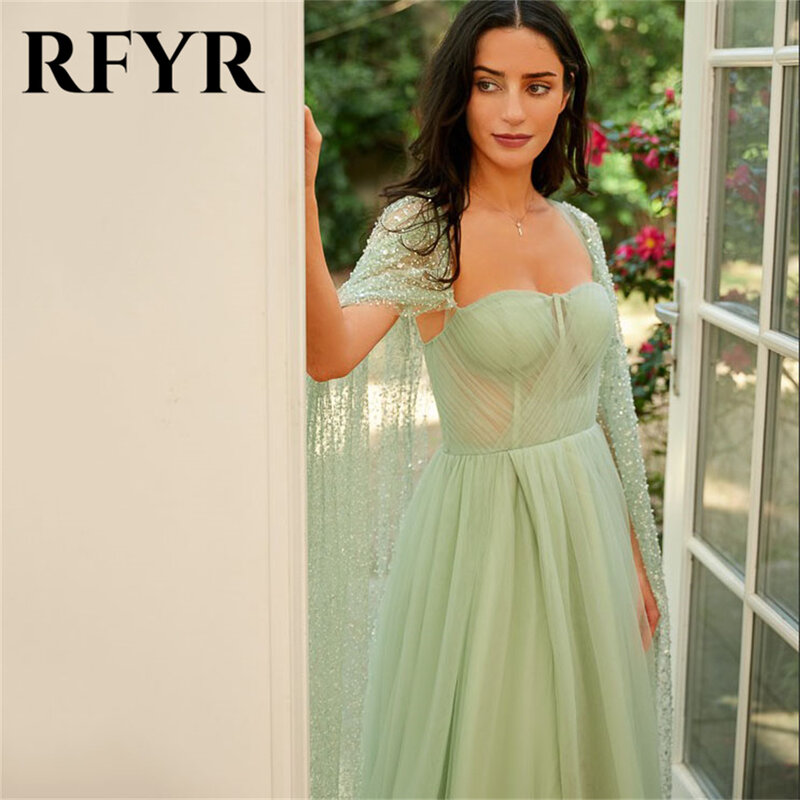 Gaun malam hijau RFYR jaket Glitter berkilau gaun Prom gaun pesta belahan tinggi sisi atas manis Tulle رر