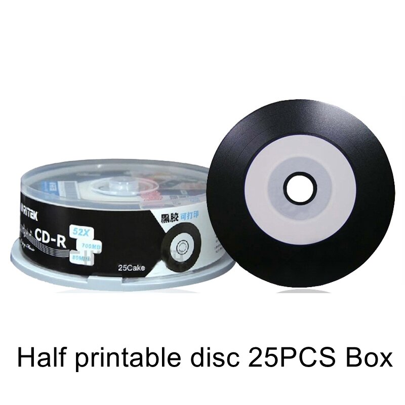 Ritek-disco de CD-R en blanco imprimible, disco compacto grabable de 700MB/80min/52x CD-R, de vinilo, color negro, 25 unids/lote por caja