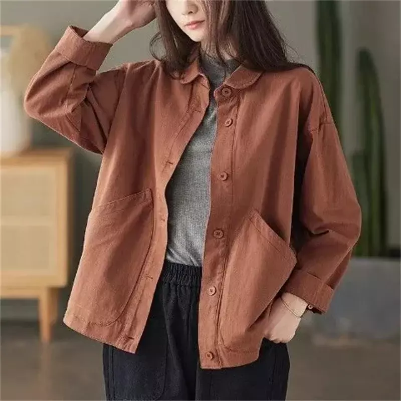 2024 Spring and Autumn Season Art Retro Simple Twill Cotton Solid Pocket Single Breasted Loose and Versatile Women's Shirt Coat