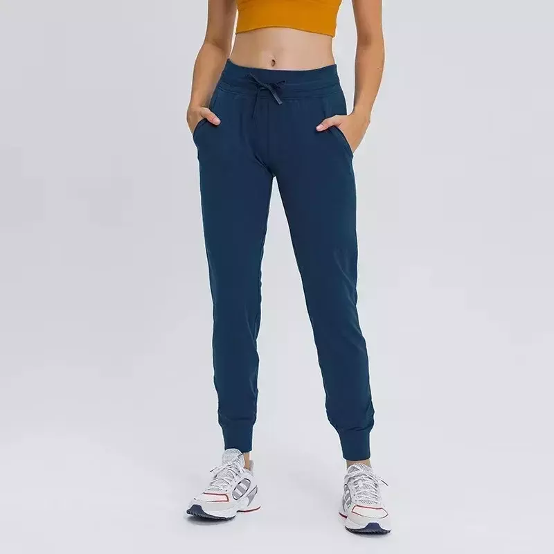 Lulu-Pantalon de yoga taille haute pour femme, survêtement de jogging entièrement long, conçu pour se déplacer