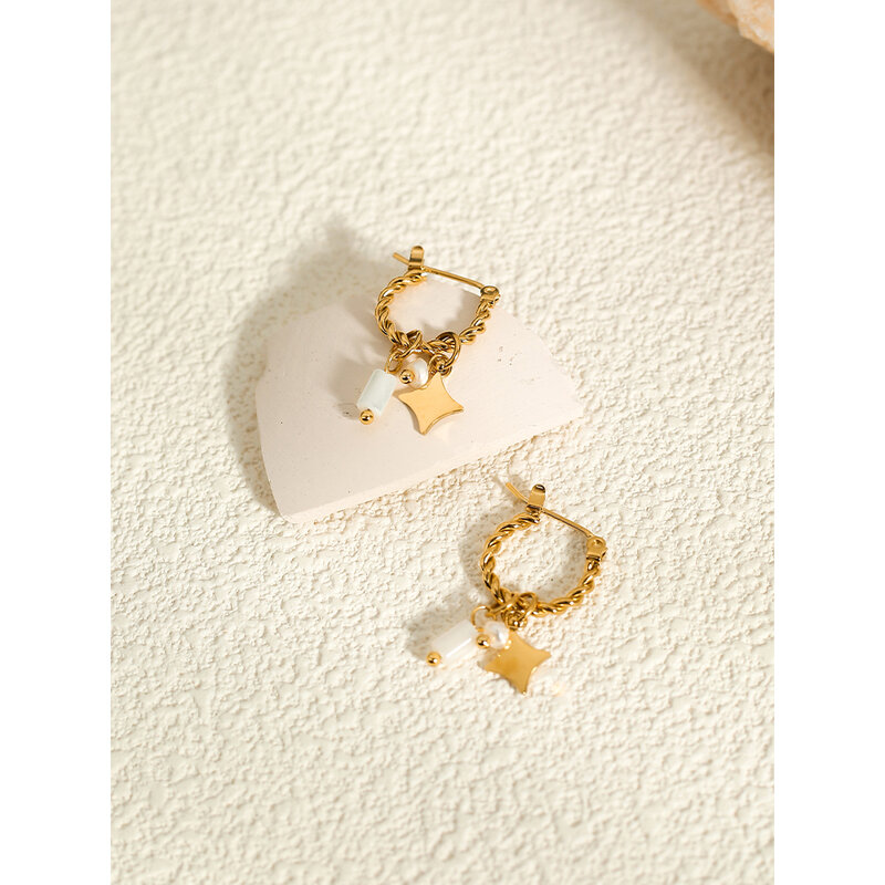 YACHAN 18K Gold Plated Stainless Steel Hoop Earrings for Women Natural Stone Pink Cute Charms Waterproof Jewelry