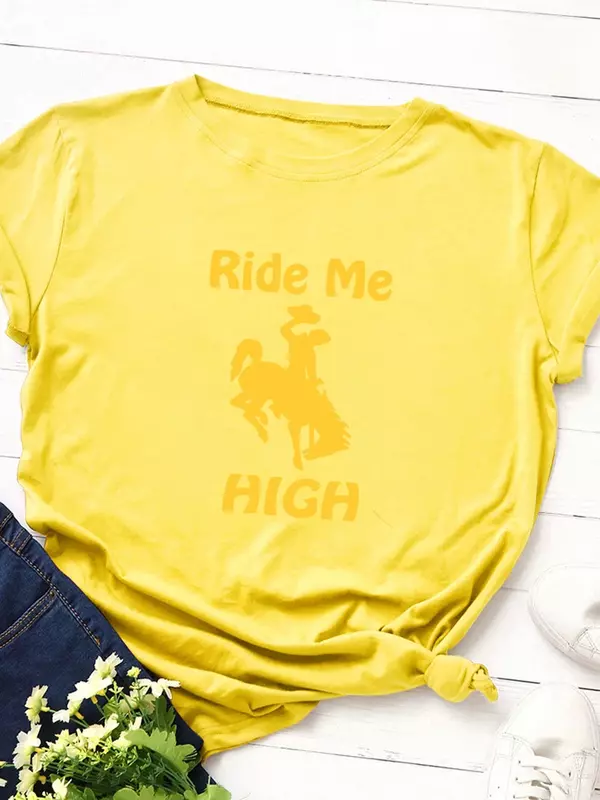 Camiseta con estampado de Ride Me High para Mujer, Camiseta holgada de manga corta con cuello redondo para Mujer, Camisetas para Mujer, ropa