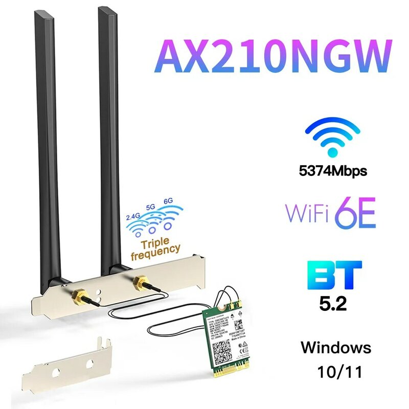Ax210ngwワイヤレスカード、wi-fi 6e、ワイヤレスカード、5374mbps、bt5.3デスクトップキット、アンテナ802.11axトライバンド2.4g 5ghz 6g ax210ngw with wfi6 ax200