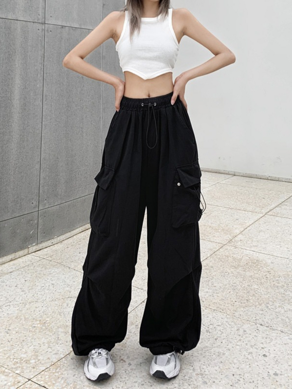 Harajuku baggy perna larga bolsos vintage carga calças com cordão de cintura alta streetwear feminino y2k coreano moda