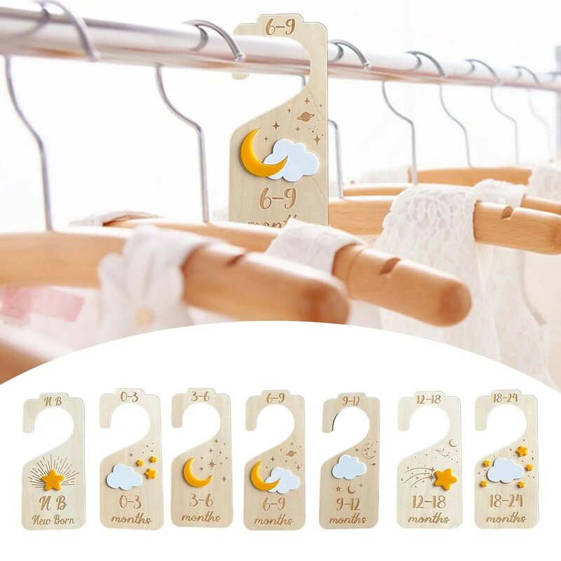 Wooden Baby  Wardrobe Divider 7-Piece Set Newborn 24 Months Wardrobe Clothes Organizer Wood Hanger Dividers