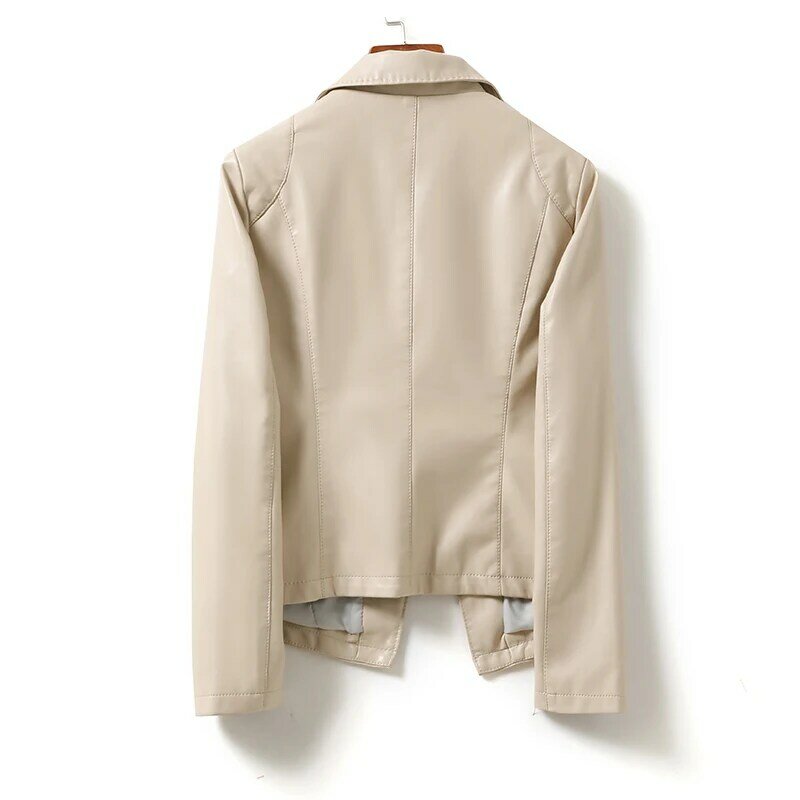 Chaqueta de cuero genuino con botones y cuello vuelto para mujer, chaqueta ajustada de Color liso con bolsillo para oficina, 2023