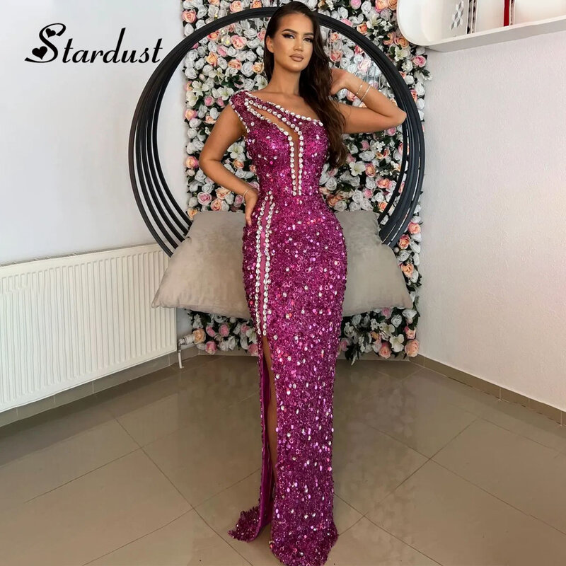 Stardust Glitter Column Evening Dresses One-Shoulder Diamond Asymmetric Cut-out Sequin Side Slit Vestidos de Noche Made To Order