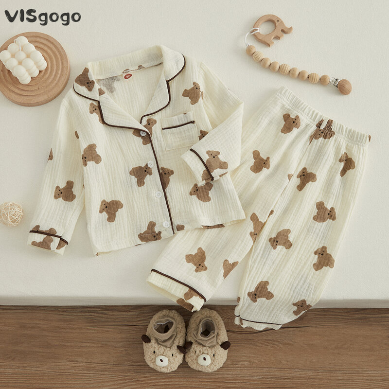 Visgogo-Terno de pijama de linho unissex, estampa urso, manga comprida, bolso frontal, tops de lapela, roupas de primavera, conjunto casual infantil